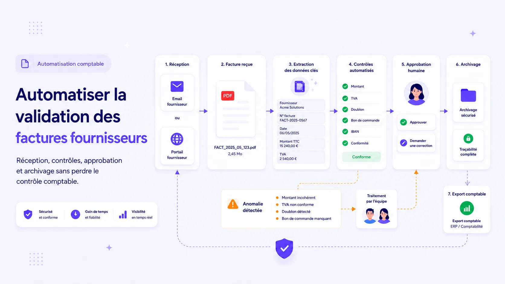 Workflow d’automatisation de la validation des factures fournisseurs avec contrôle, approbation et archivage.